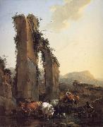 BERCHEM, Nicolaes Peasants with Four Oxen and a Goat at a Ford by a Ruined Aqueduct china oil painting artist